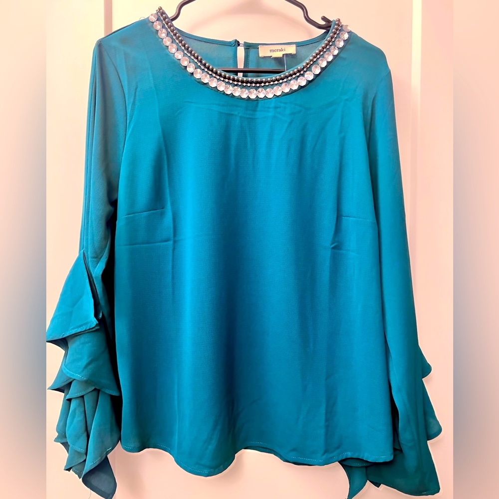 Teal green rhinestone flutter sleeve blouse